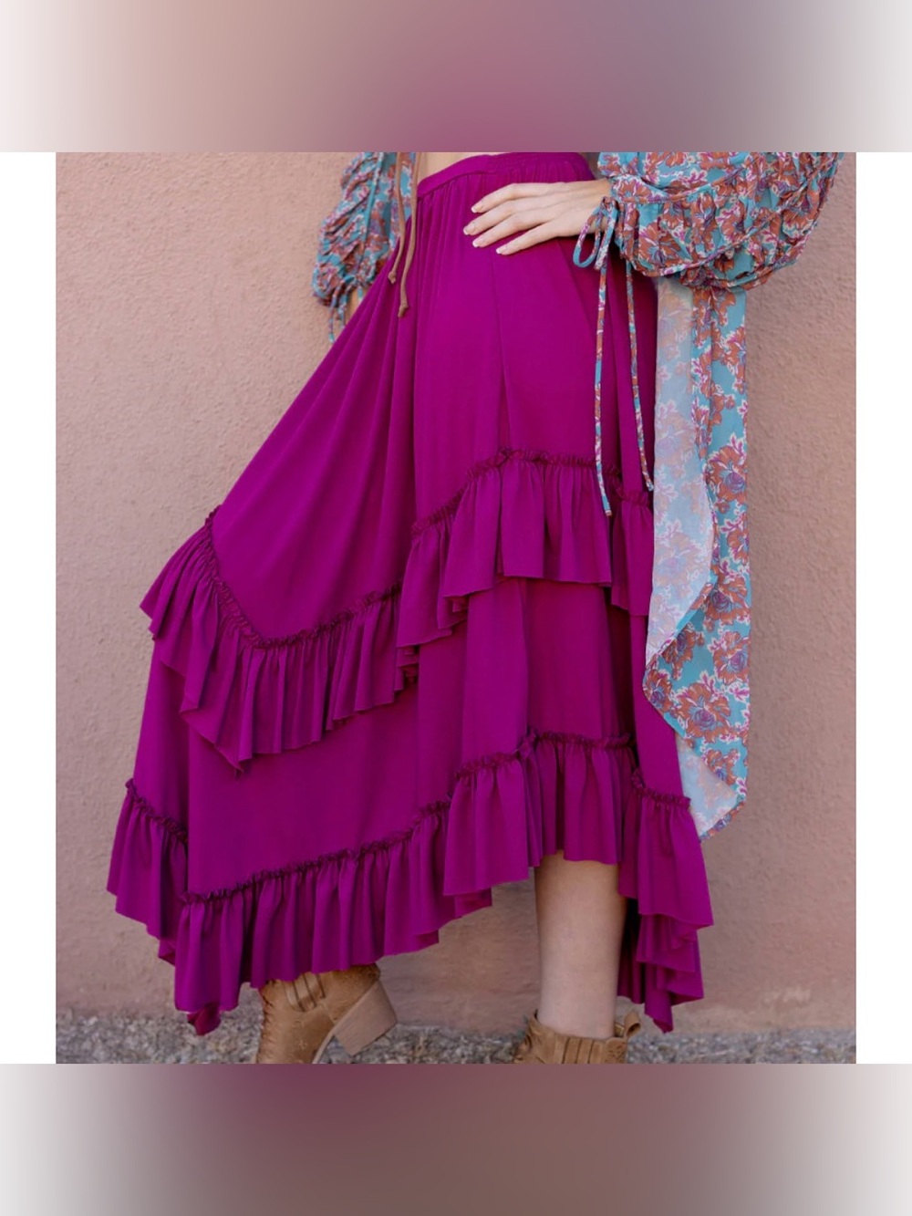 Joyfolie Theresa Skirt In Berry Tiered Ruffled Maxi Skirt Women’s Medium New